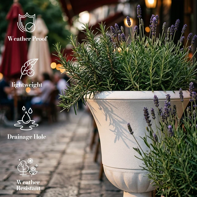 Alt view image 5 of 7 - 2-Pack Large White Urn Planters, 15.5" x 22" Tall Outdoor Flower Pots | Plastic Classic Traditional Round Roman Plant Pots with Drainage Hole for Front Porch Patio Deck Wedding Decoration