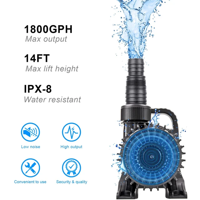 Alt view image 2 of 7 - Submersible Water Pump, 1800 GPH Pond Pump for Outdoor Ponds 32.8ft Long Power Cord, Barrier Filter Bag, Ipx8 Waterproof Ultra Quiet Fountain Water Pump for Waterfall, Hydroponic