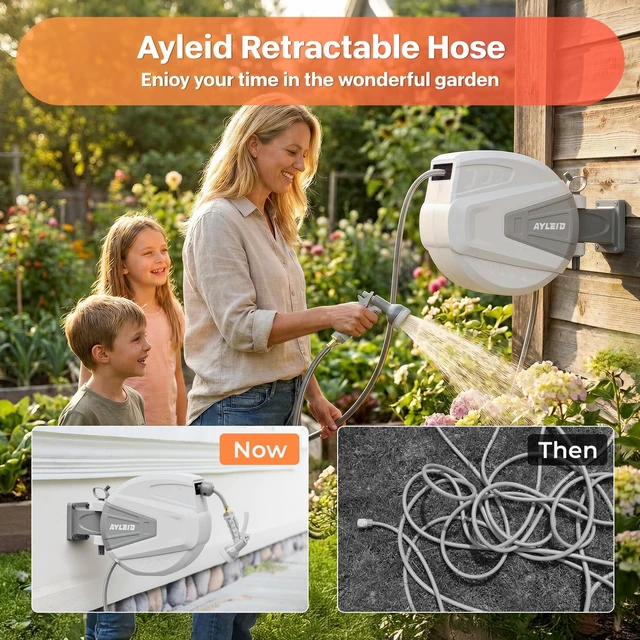 Alt view image 2 of 7 - Retractable Garden Hose Reel, 1/2"x100ft Wall Mount | Anti-freeze, kink-free premium rubber hybrid hose, 24-month warranty, 9-pattern sprayer, any-length lock, slow auto-return.