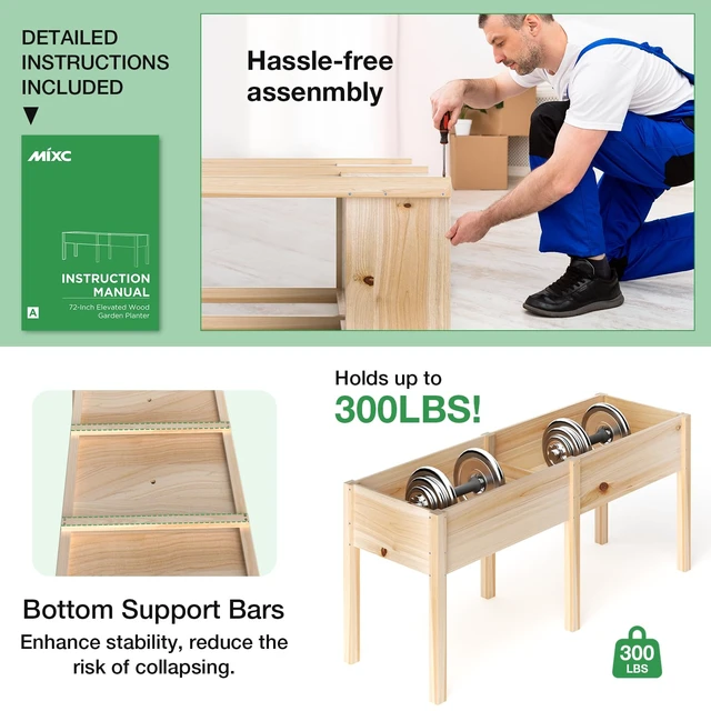 Alt view image 3 of 7 - 333lbs Capacity Sturdy Wooden Raised Garden Bed Outdoors with Legs | 72x23x30" Elevated Ergonomic Height Planter Box for Herb Vegetable Flower, Divider Panel, 6 Legs, Easy Assembly with PE Liner