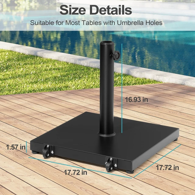 Alt view image 3 of 7 - Patio Umbrella Base with Wheels, 43lbs Outdoor Umbrella Stand | With 2 Wheels, Square Heavy Duty Base, Suitable for 6-12FT Most Market Umbrella, for Deck, Lawn, Poolside