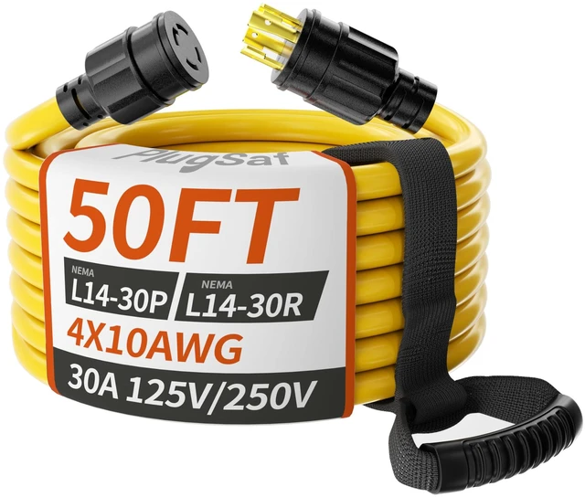 Main image of 50FT 30 Amp Generator Cord 4 Prong, 10AWG 125/250V 3750/7500W STW | NEMA L14-30P/L14-30R Twist Lock Generator Extension Cord 50 Foot, Heavy Duty 30 Amp Generator Cord Durable, Yellow ETL Listed
