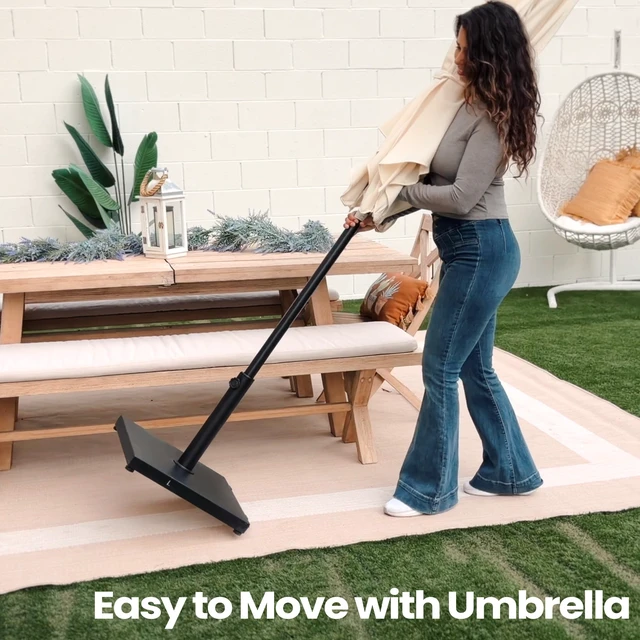 Alt view image 4 of 7 - Patio Umbrella Base with Wheels, 43lbs Outdoor Umbrella Stand | With 2 Wheels, Square Heavy Duty Base, Suitable for 6-12FT Most Market Umbrella, for Deck, Lawn, Poolside
