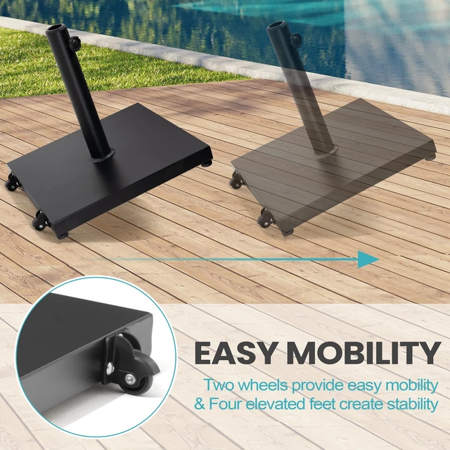 Alt view image 7 of 7 - Patio Umbrella Base with Wheels, 43lbs Outdoor Umbrella Stand | With 2 Wheels, Square Heavy Duty Base, Suitable for 6-12FT Most Market Umbrella, for Deck, Lawn, Poolside