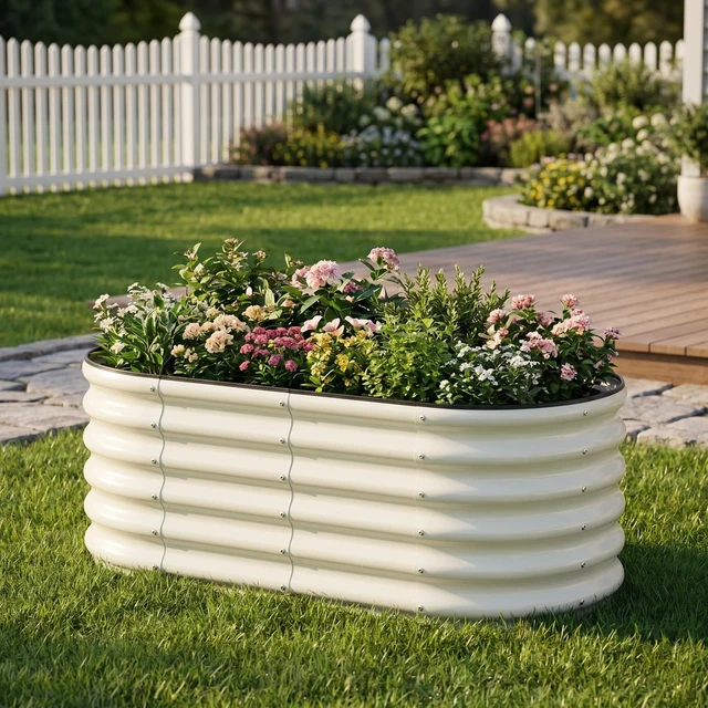 Alt view image 5 of 7 - 3 Pcs 4x2x1.5ft Raised Garden Bed Outdoor, 17" Tall Galvanized Metal Planter Box, Oval Raised Garden Bed Kit for Planting Vegetables Plants Fruits, Beige White