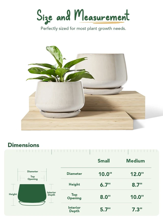 Alt view image 3 of 6 - Ceramic Plant Pots, 10 + 12 Inch, Set of 2, Reactive Glaze Beige | Large Plant Pot, Sturdy Planter with Drainage Hole and Saucers, Elegant Planters for Indoor Plants, Perfect for Home Decor