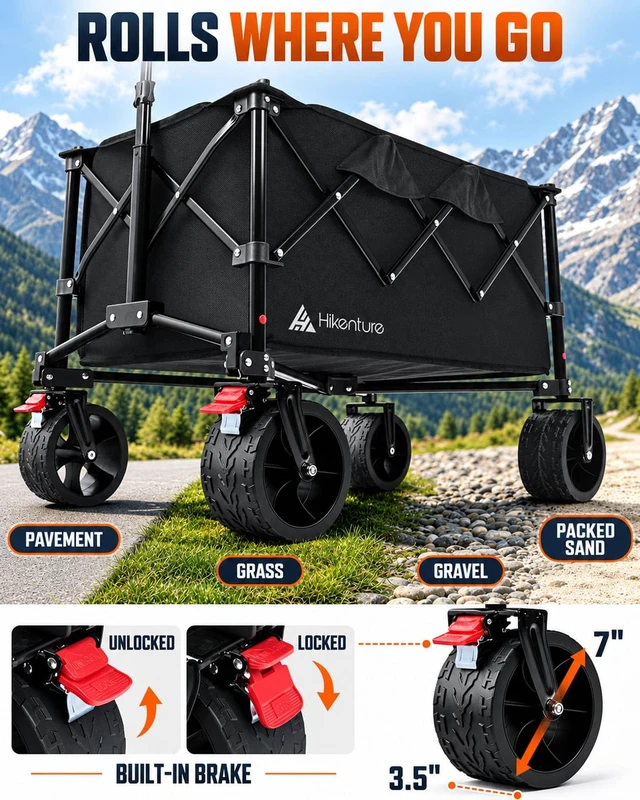 Alt view image 5 of 7 - Foldable Beach Wagon with Big Wheels for Sand, 450 lbs Capacity | 5.3 CU FT Large Capacity; One-Handed Compact Fold; Heavy Duty Wagon Carts for Beach, Camping, Sports & Grocery Hauling
