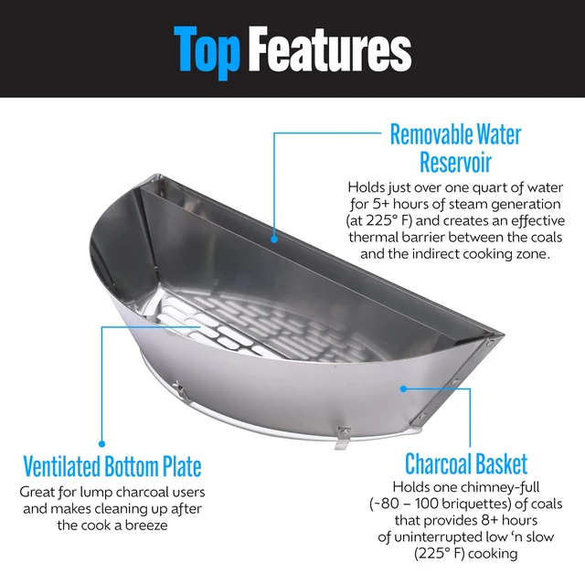 Alt view image 4 of 7 - Deluxe Charcoal Basket Insert for 22" Weber Kettle Grills Patented Stainless Steel Two-Zone Cooking Accessory with Removable Water Reservoir for Low & Slow Smoking and Searing