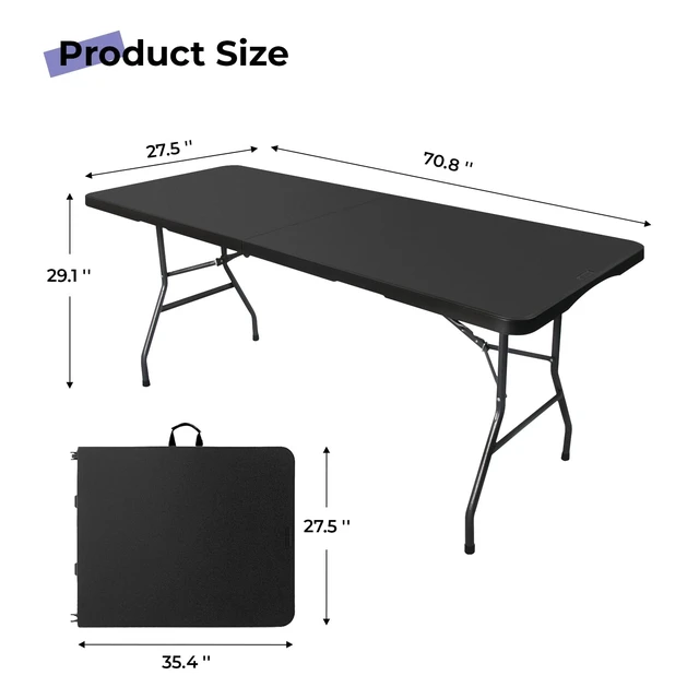 Alt view image 2 of 7 - Folding Table 6ft, Heavy Duty Portable Utility Table with Handle, Black | Fold-in-half Design,Easy Storage,HDPE Top,Sturdy Legs,330lbs Support,Indoor Outdoor Use for Dining,Parties,Picnic