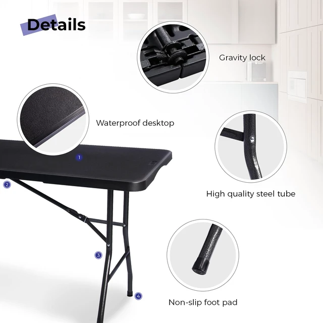 Alt view image 3 of 7 - Folding Table 6ft, Heavy Duty Portable Utility Table with Handle, Black | Fold-in-half Design,Easy Storage,HDPE Top,Sturdy Legs,330lbs Support,Indoor Outdoor Use for Dining,Parties,Picnic