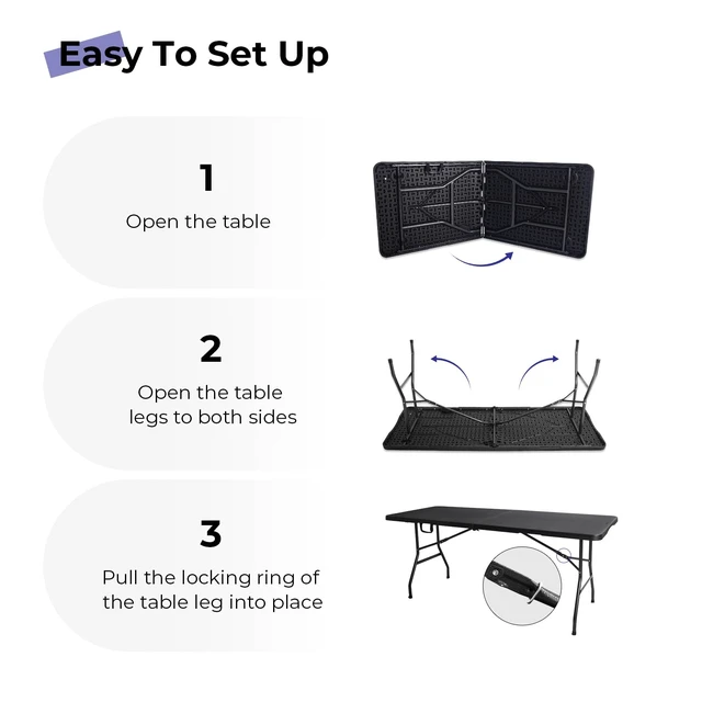 Alt view image 7 of 7 - Folding Table 6ft, Heavy Duty Portable Utility Table with Handle, Black | Fold-in-half Design,Easy Storage,HDPE Top,Sturdy Legs,330lbs Support,Indoor Outdoor Use for Dining,Parties,Picnic