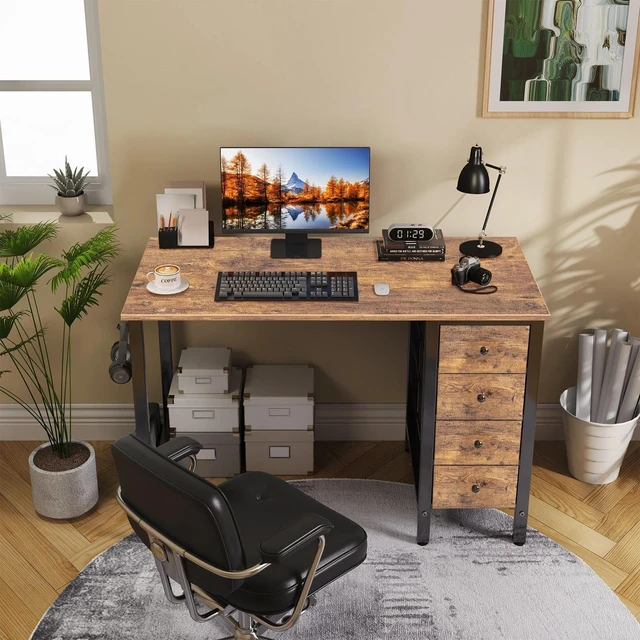 Alt view image 2 of 7 - 40 inch Computer Desk with 4 Fabric Drawers, Kids Student Reversible Small Desks for Home Office Small Space, Work PC Desk Table for Bedroom, Rustic Brown