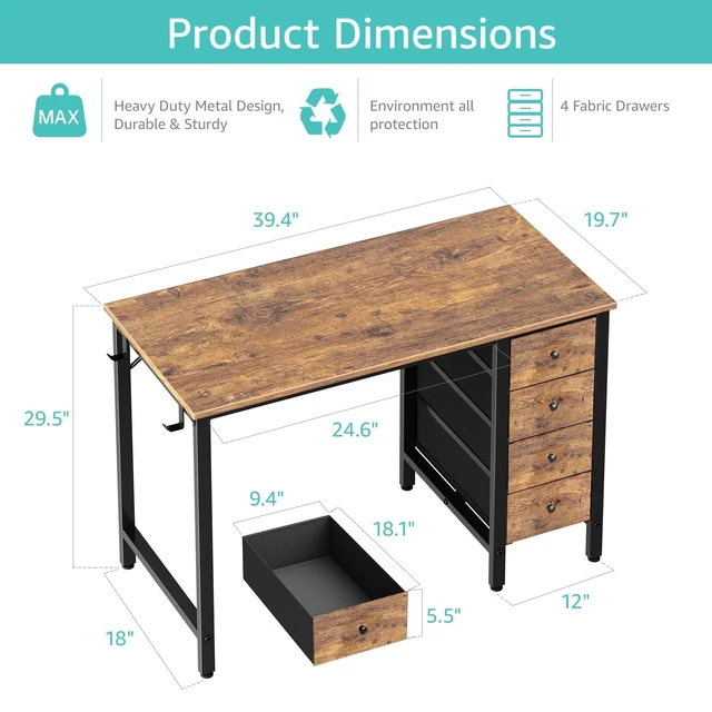 Alt view image 3 of 7 - 40 inch Computer Desk with 4 Fabric Drawers, Kids Student Reversible Small Desks for Home Office Small Space, Work PC Desk Table for Bedroom, Rustic Brown