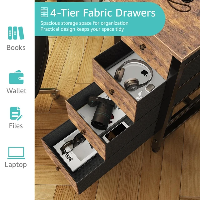 Alt view image 5 of 7 - 40 inch Computer Desk with 4 Fabric Drawers, Kids Student Reversible Small Desks for Home Office Small Space, Work PC Desk Table for Bedroom, Rustic Brown