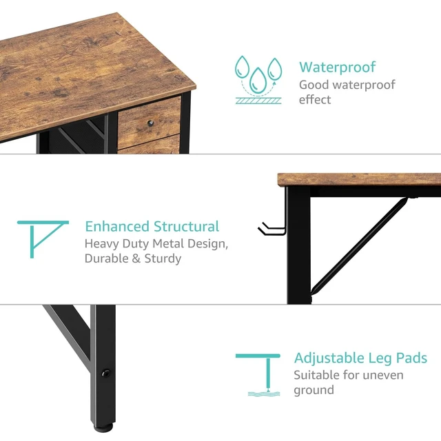 Alt view image 7 of 7 - 40 inch Computer Desk with 4 Fabric Drawers, Kids Student Reversible Small Desks for Home Office Small Space, Work PC Desk Table for Bedroom, Rustic Brown