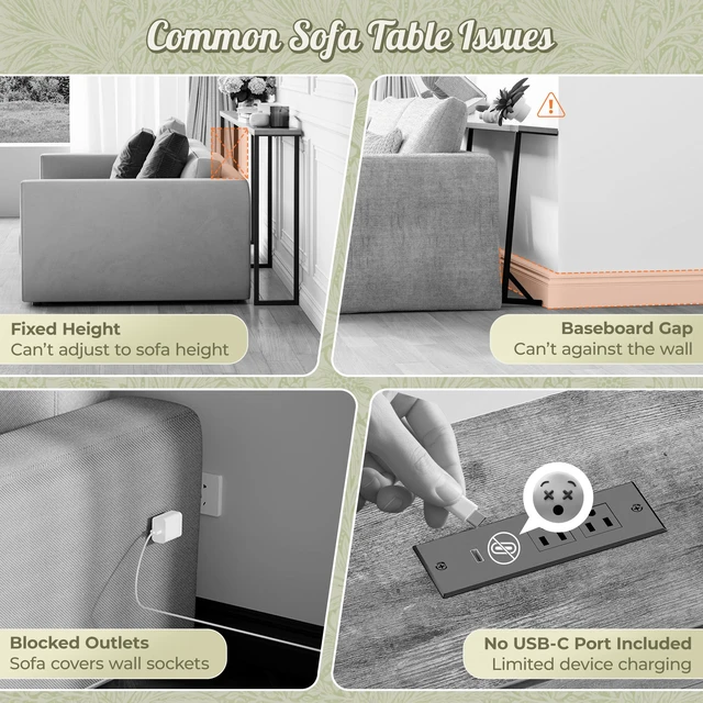 Alt view image 4 of 7 - 102.4 Inch Sofa Table with Power Outlets, Skinny Behind Couch Table | Console Table with USB-C Ports, 23.9-34.4 Height Adjustable Range, Sofa Tables Narrow Long for Small Spaces, Rustic Brown