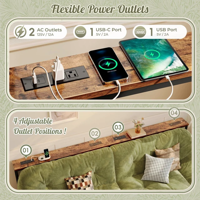 Alt view image 5 of 7 - 102.4 Inch Sofa Table with Power Outlets, Skinny Behind Couch Table | Console Table with USB-C Ports, 23.9-34.4 Height Adjustable Range, Sofa Tables Narrow Long for Small Spaces, Rustic Brown