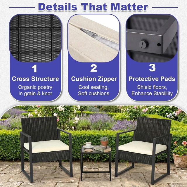 Alt view image 4 of 7 - 3-Piece Patio Furniture Set | Khaki |Outdoor Wicker Furniture with Coffee Table | Modern Rattan Chairs Conversation Set | Outdoor Seating | Weather-Resistant | for Porch, Garden, Lawn
