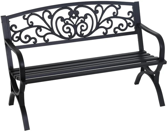 Main image of 50" Outdoor Garden Bench | Black | 485lbs Load Capacity | Heavy Duty Metal Patio Bench with Floral Design | Rust & Weather-Resistant | For Lawn, Yard, Parks, Patio, Porch, Entryway