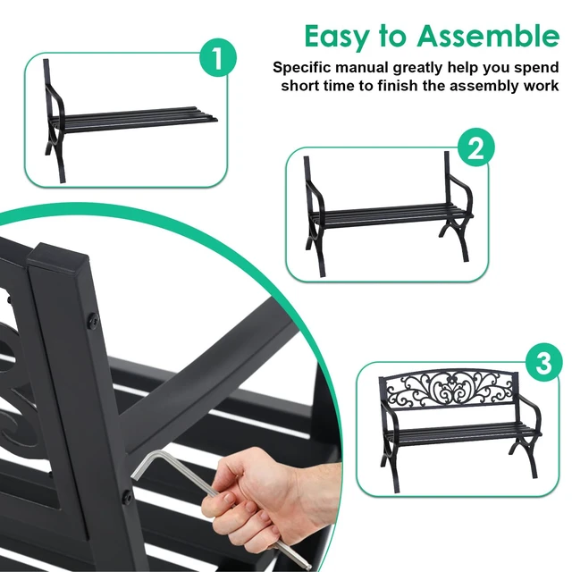 Alt view image 3 of 7 - 50" Outdoor Garden Bench | Black | 485lbs Load Capacity | Heavy Duty Metal Patio Bench with Floral Design | Rust & Weather-Resistant | For Lawn, Yard, Parks, Patio, Porch, Entryway