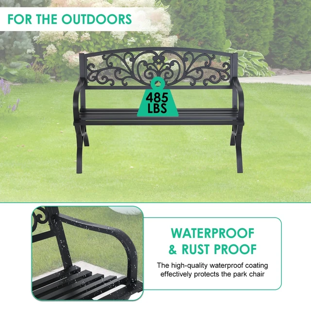 Alt view image 5 of 7 - 50" Outdoor Garden Bench | Black | 485lbs Load Capacity | Heavy Duty Metal Patio Bench with Floral Design | Rust & Weather-Resistant | For Lawn, Yard, Parks, Patio, Porch, Entryway