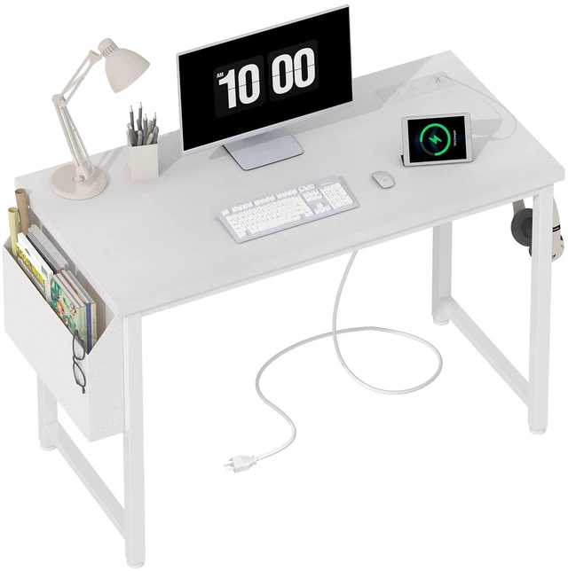 Main image of White Computer Desk with Power Outlet, 40 inch Simple Teen Study Table Home Office Work Writing Desks with Charging Station Outlets USB Port Built in, Storage PocketWhite