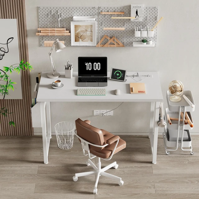 Alt view image 2 of 7 - White Computer Desk with Power Outlet, 40 inch Simple Teen Study Table Home Office Work Writing Desks with Charging Station Outlets USB Port Built in, Storage PocketWhite