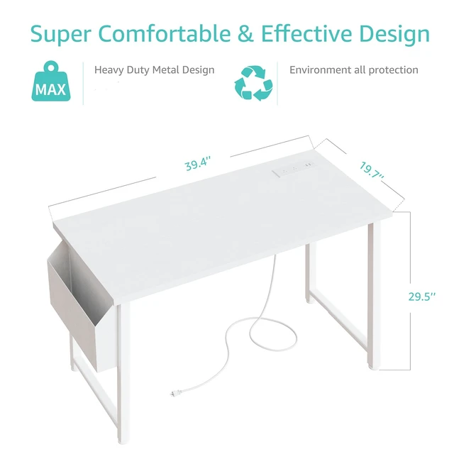 Alt view image 3 of 7 - White Computer Desk with Power Outlet, 40 inch Simple Teen Study Table Home Office Work Writing Desks with Charging Station Outlets USB Port Built in, Storage PocketWhite