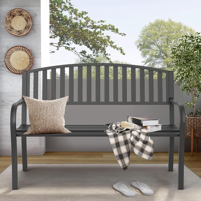 Alt view image 2 of 4 - 50'' Outdoor Bench Weatherproof, Cast Iron All Metal Frame Garden Bench, Anti-Rust Patio Park Bench Clearance for Front Porch, Yard, Lawn, Deck
