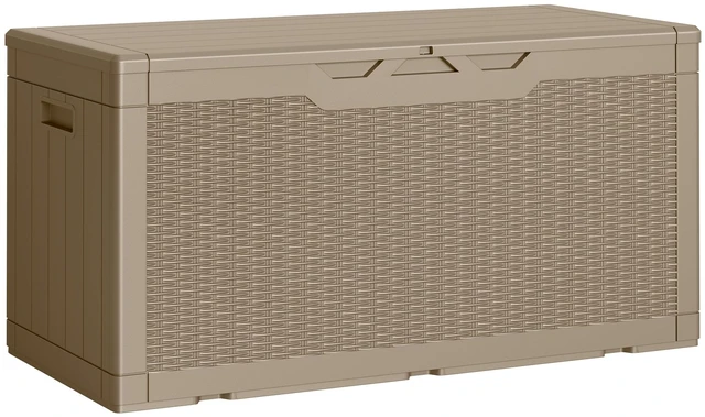 Main image of Outdoor Storage Box 100 Gallon Storage Bin with Lid for Patio Furniture, Garden Tools, Pool Supplies, Lockable, Waterproof and UV Resistant, Light Coffee