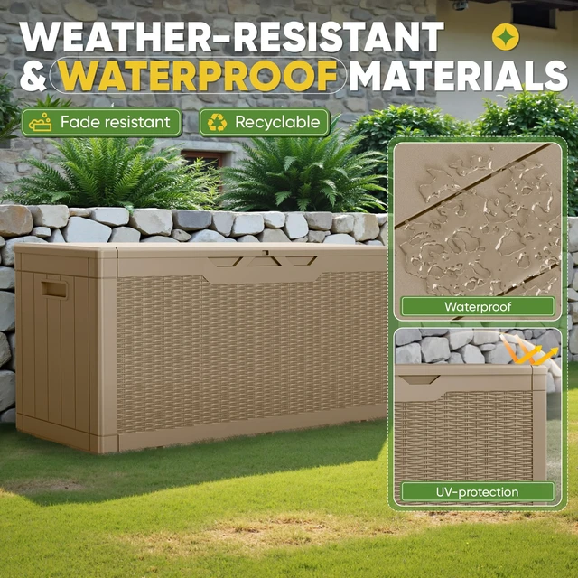 Alt view image 2 of 7 - Outdoor Storage Box 100 Gallon Storage Bin with Lid for Patio Furniture, Garden Tools, Pool Supplies, Lockable, Waterproof and UV Resistant, Light Coffee