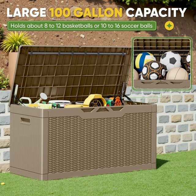 Alt view image 3 of 7 - Outdoor Storage Box 100 Gallon Storage Bin with Lid for Patio Furniture, Garden Tools, Pool Supplies, Lockable, Waterproof and UV Resistant, Light Coffee