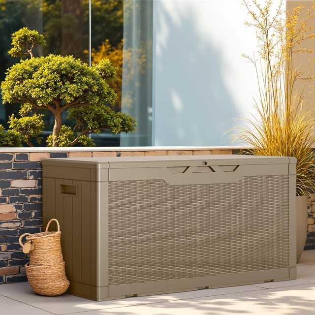 Alt view image 5 of 7 - Outdoor Storage Box 100 Gallon Storage Bin with Lid for Patio Furniture, Garden Tools, Pool Supplies, Lockable, Waterproof and UV Resistant, Light Coffee