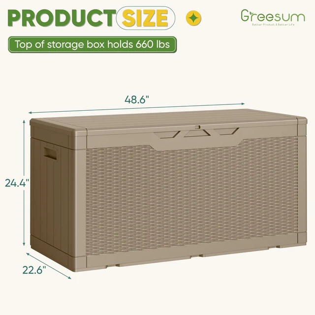Alt view image 7 of 7 - Outdoor Storage Box 100 Gallon Storage Bin with Lid for Patio Furniture, Garden Tools, Pool Supplies, Lockable, Waterproof and UV Resistant, Light Coffee