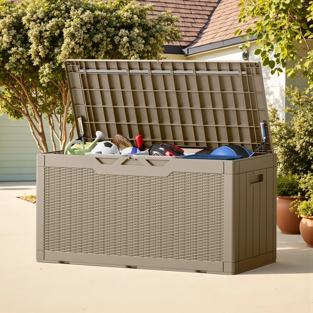 Alt view image 6 of 7 - Outdoor Storage Box 100 Gallon Storage Bin with Lid for Patio Furniture, Garden Tools, Pool Supplies, Lockable, Waterproof and UV Resistant, Light Coffee