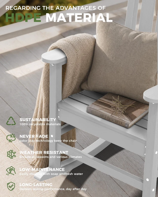 Alt view image 3 of 7 - Outdoor Rocking Chair, HDPE Patio Rocking Chair, All Weather,White | Relax in Every Gentle Rock,Create Comfort Wherever You Love,Enjoy Your Me Time,Withstand Changing Seasons,Timeless Style