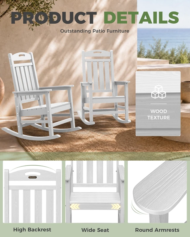 Alt view image 4 of 7 - Outdoor Rocking Chair, HDPE Patio Rocking Chair, All Weather,White | Relax in Every Gentle Rock,Create Comfort Wherever You Love,Enjoy Your Me Time,Withstand Changing Seasons,Timeless Style
