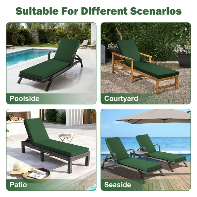Alt view image 2 of 7 - Chaise Lounge Cushions Outdoor, 80x 26x 3 Inch Waterproof & Fade-Resistant Lounge Chair Cushion, Outdoor Chaise Cushion with Removable Cover & Ties for Lawn, Patio, Pool & Beach, Forest Green