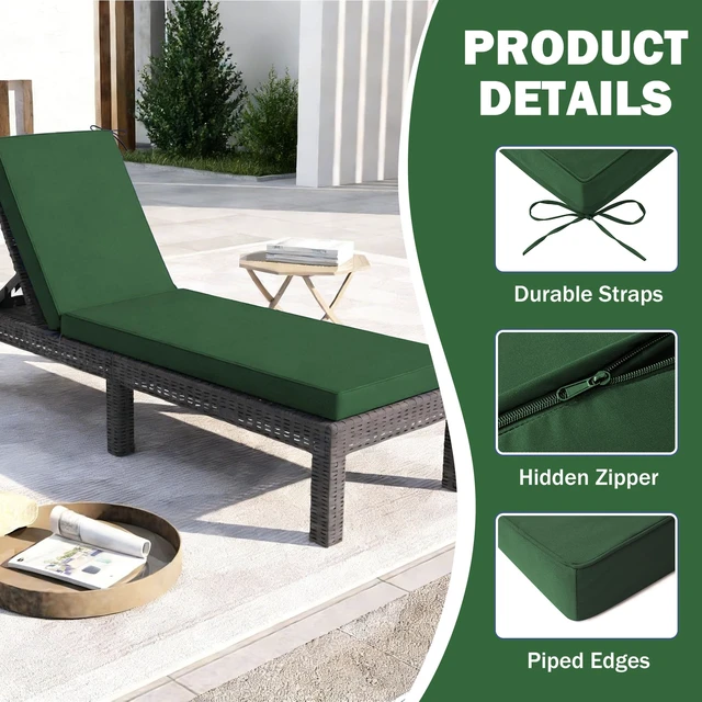Alt view image 6 of 7 - Chaise Lounge Cushions Outdoor, 80x 26x 3 Inch Waterproof & Fade-Resistant Lounge Chair Cushion, Outdoor Chaise Cushion with Removable Cover & Ties for Lawn, Patio, Pool & Beach, Forest Green