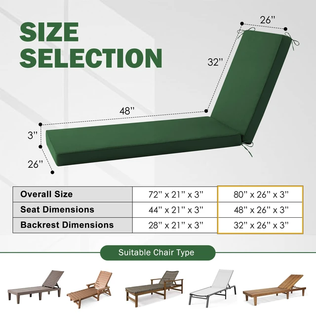 Alt view image 3 of 7 - Chaise Lounge Cushions Outdoor, 80x 26x 3 Inch Waterproof & Fade-Resistant Lounge Chair Cushion, Outdoor Chaise Cushion with Removable Cover & Ties for Lawn, Patio, Pool & Beach, Forest Green
