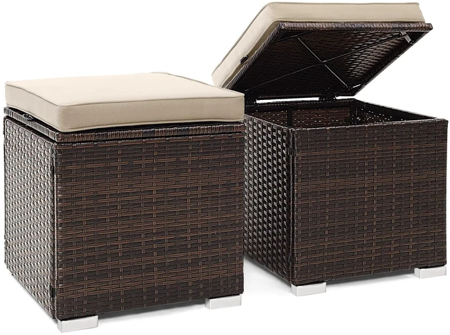 Main image of 2 Pieces Patio Ottomans, Patiojoy Hand-Woven PE Rattan Side Table with Removable Cushion & Hidden Storage Space, Multifunctional Storage Box, Seat for Patio, Backyard, Poolside (Beige)