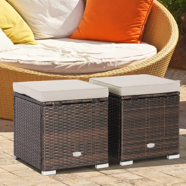 Alt view image 2 of 7 - 2 Pieces Patio Ottomans, Patiojoy Hand-Woven PE Rattan Side Table with Removable Cushion & Hidden Storage Space, Multifunctional Storage Box, Seat for Patio, Backyard, Poolside (Beige)