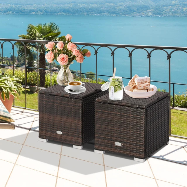 Alt view image 3 of 7 - 2 Pieces Patio Ottomans, Patiojoy Hand-Woven PE Rattan Side Table with Removable Cushion & Hidden Storage Space, Multifunctional Storage Box, Seat for Patio, Backyard, Poolside (Beige)