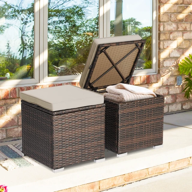 Alt view image 4 of 7 - 2 Pieces Patio Ottomans, Patiojoy Hand-Woven PE Rattan Side Table with Removable Cushion & Hidden Storage Space, Multifunctional Storage Box, Seat for Patio, Backyard, Poolside (Beige)