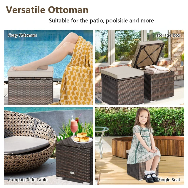 Alt view image 6 of 7 - 2 Pieces Patio Ottomans, Patiojoy Hand-Woven PE Rattan Side Table with Removable Cushion & Hidden Storage Space, Multifunctional Storage Box, Seat for Patio, Backyard, Poolside (Beige)