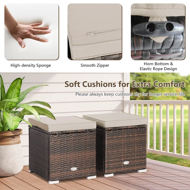 Alt view image 5 of 7 - 2 Pieces Patio Ottomans, Patiojoy Hand-Woven PE Rattan Side Table with Removable Cushion & Hidden Storage Space, Multifunctional Storage Box, Seat for Patio, Backyard, Poolside (Beige)