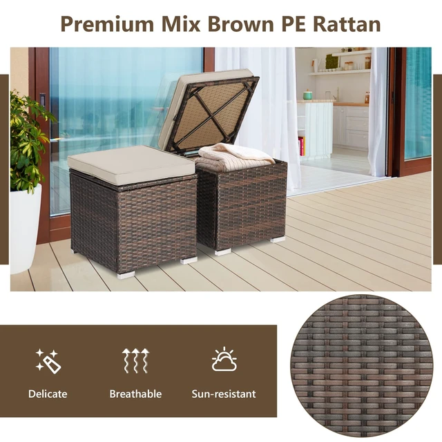 Alt view image 7 of 7 - 2 Pieces Patio Ottomans, Patiojoy Hand-Woven PE Rattan Side Table with Removable Cushion & Hidden Storage Space, Multifunctional Storage Box, Seat for Patio, Backyard, Poolside (Beige)