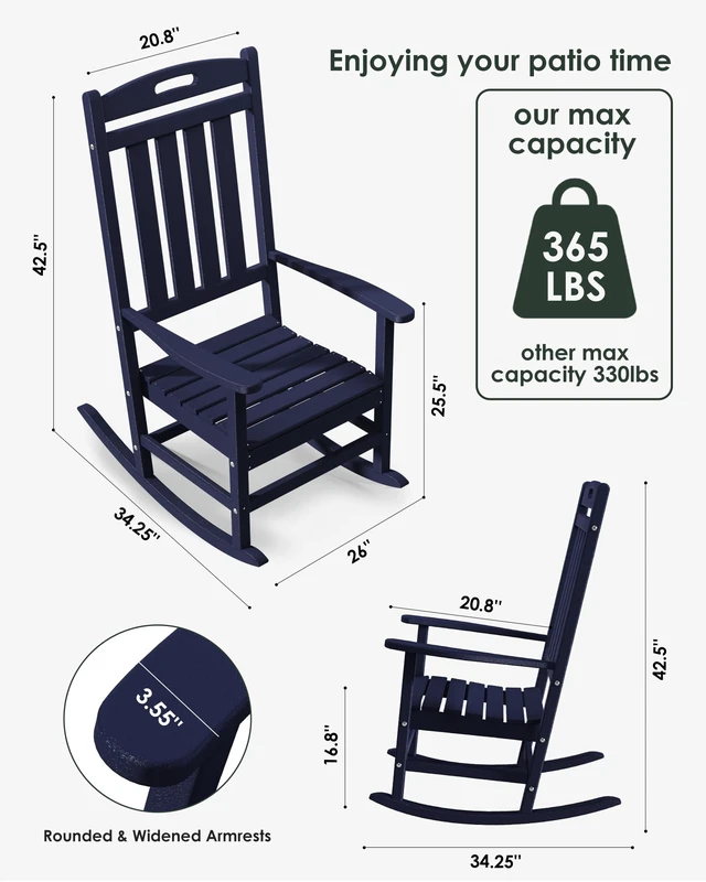 Alt view image 2 of 7 - Outdoor Rocking Chair, All-Weather Resistant Poly Lumber Rocker Chair Outdoor, High Back Plastic Patio Rocking Chairs for Outside Porch Rocker Garden Lawn, Navy Blue
