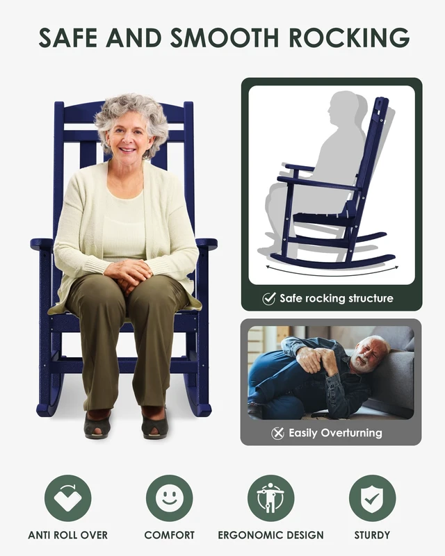 Alt view image 5 of 7 - Outdoor Rocking Chair, All-Weather Resistant Poly Lumber Rocker Chair Outdoor, High Back Plastic Patio Rocking Chairs for Outside Porch Rocker Garden Lawn, Navy Blue