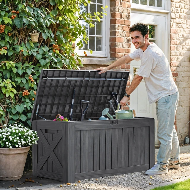 Alt view image 4 of 7 - 120 Gallon Deck Box, Resin Outdoor Storage Container, Gray | for Patio Furniture, Garden Tools, Pool Accessories, Weatherproof, Lockable